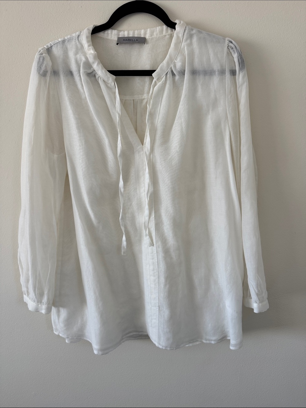 MARELLA Italian Winter White Tie-Neck Semi-Sheer Blouse Cotton and Silk Blend